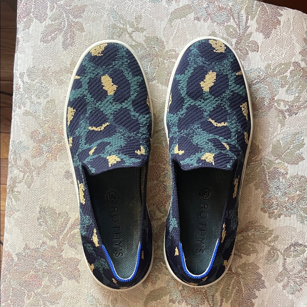 Rothy's Patterned Slip-On Shoes in Blue and Yellow Leopard Print